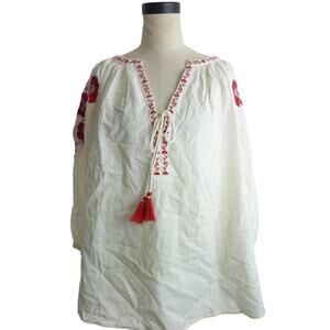 H&M Off White and Red Embroidered Floral Summer Top XL